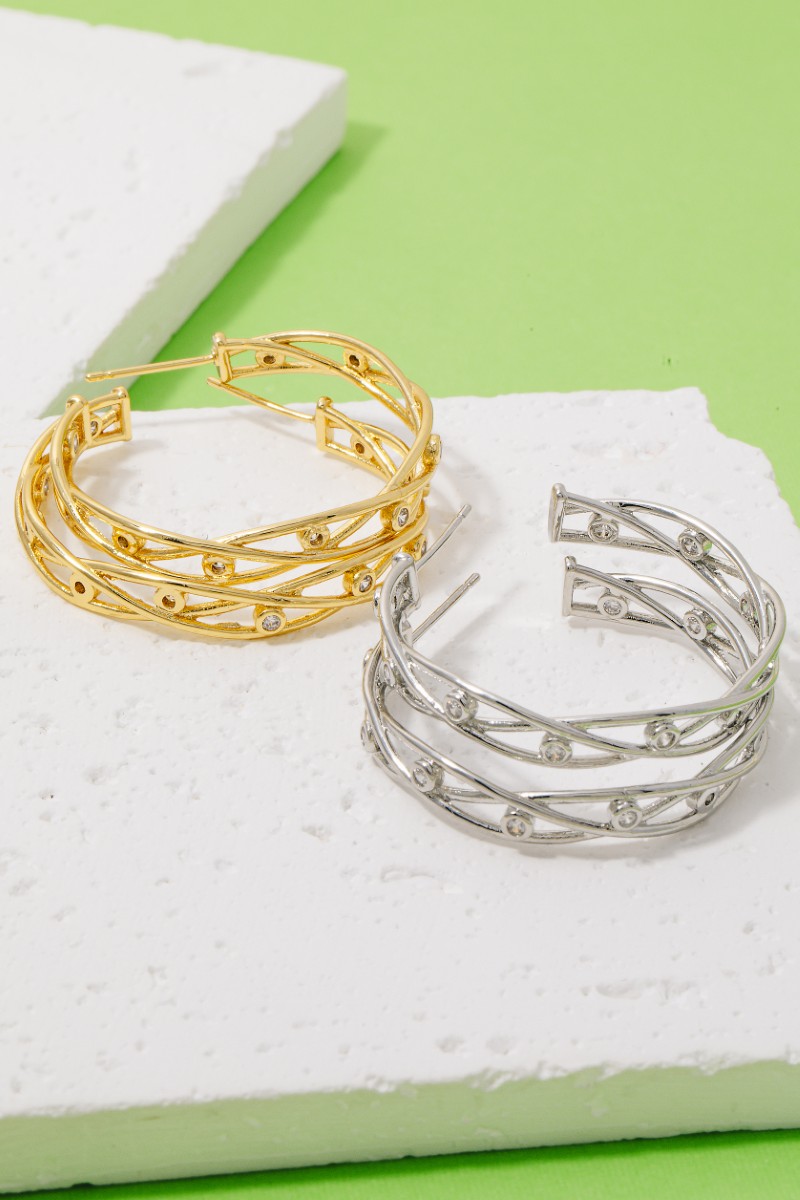 Secret Box Gold Dipped Cz Station Woven Wire Hoop Earrings