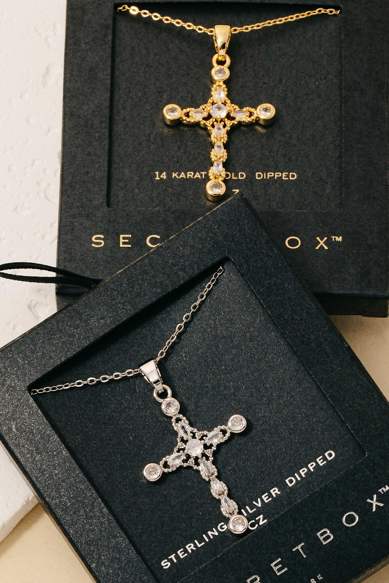 Gold Dipped Cz Intricate Cross Pendant Necklace