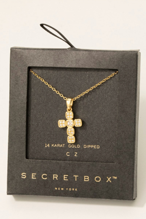 Gold Dipped Cz Pave Square Cross Pendant Necklace
