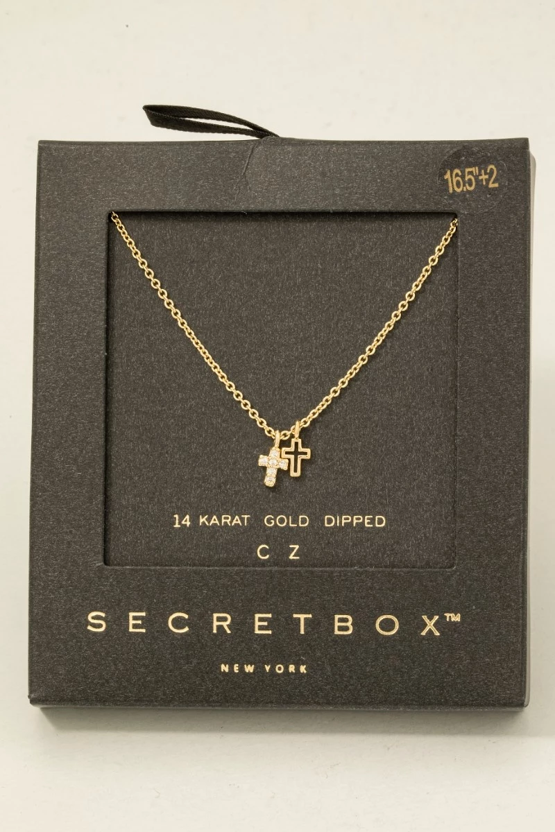 Secret Box Gold Dipped Cz Cross Pendant Necklace
