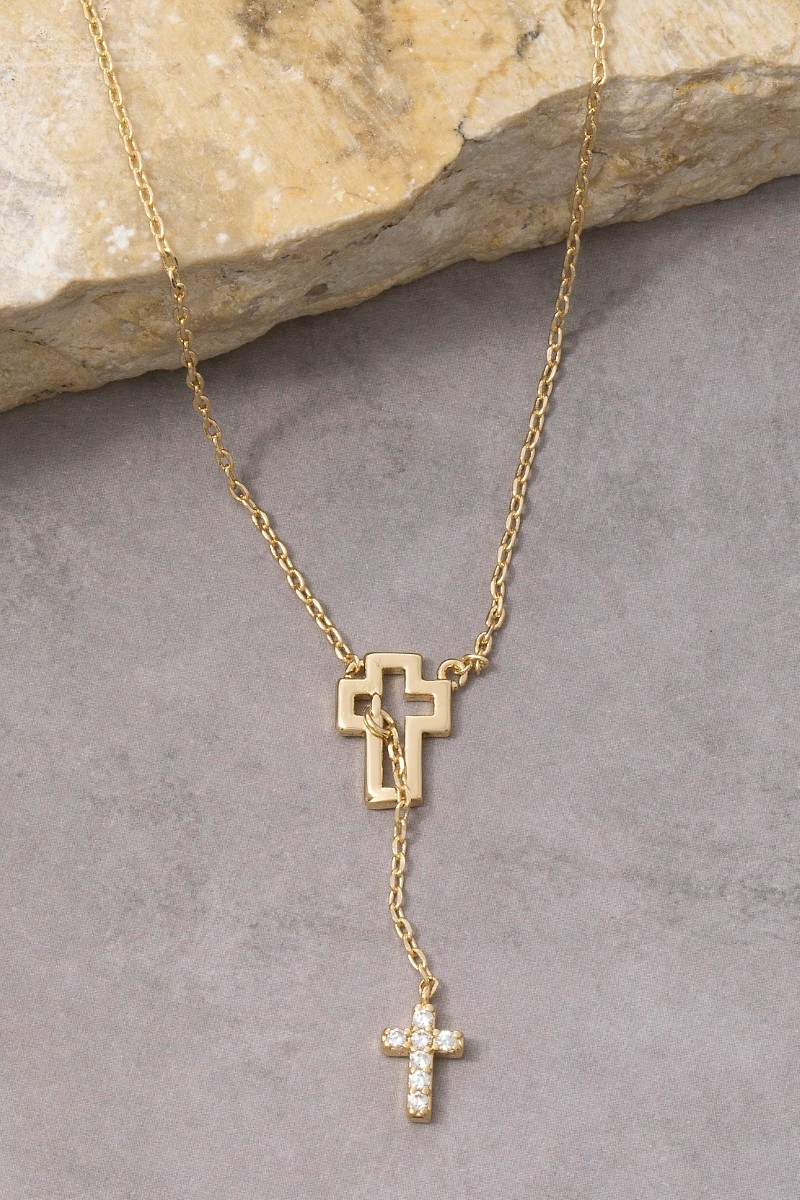 14K Gold Dipped Cz Double Cross Lariat Necklace