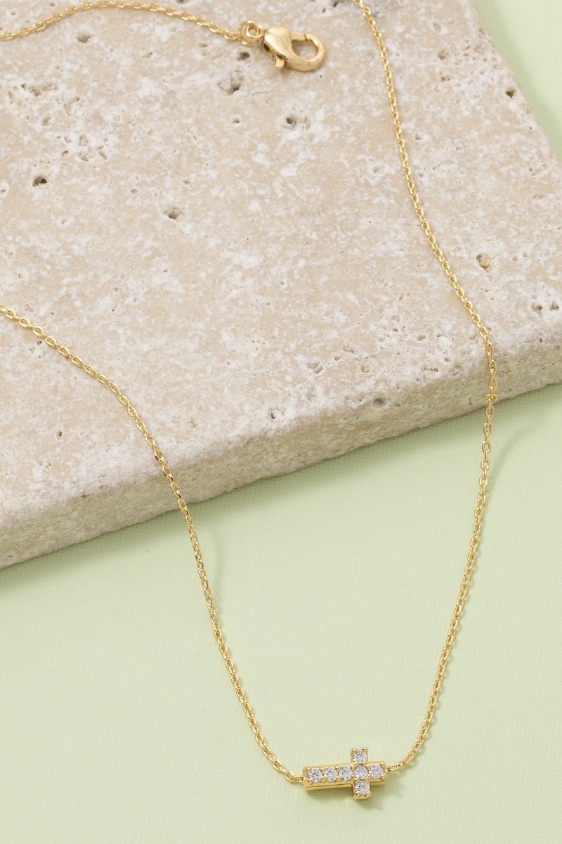 Secret Box Gold Dipped Cz Mini Cross Pendant Necklace