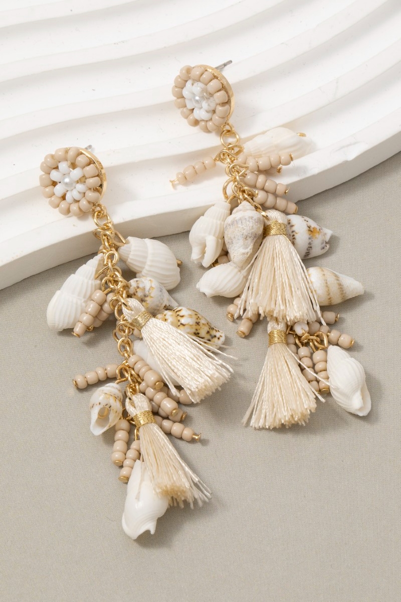 Tiered Sea Shells Beads Tassels Stud Dangle Earrings