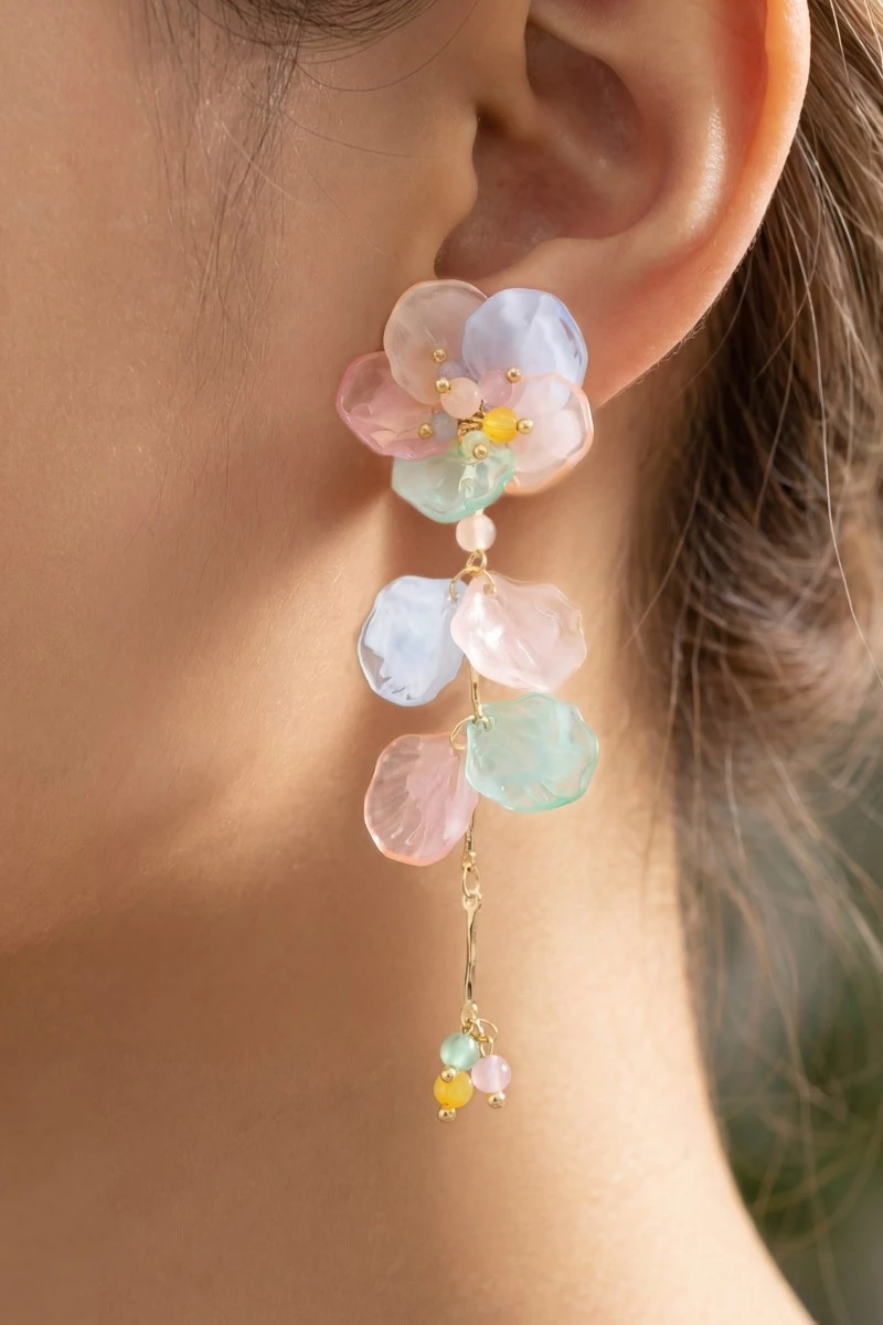 Tiered Colorful Acrylic Flower Petals Dangle Earrings