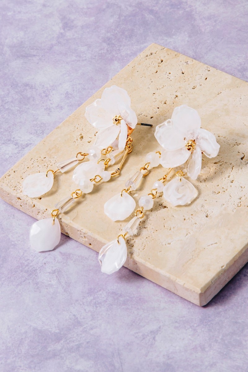 White Resin Flower & Bead Drop Earrings