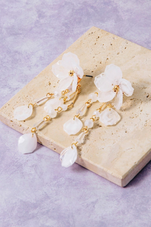 White Resin Flower & Bead Drop Earrings