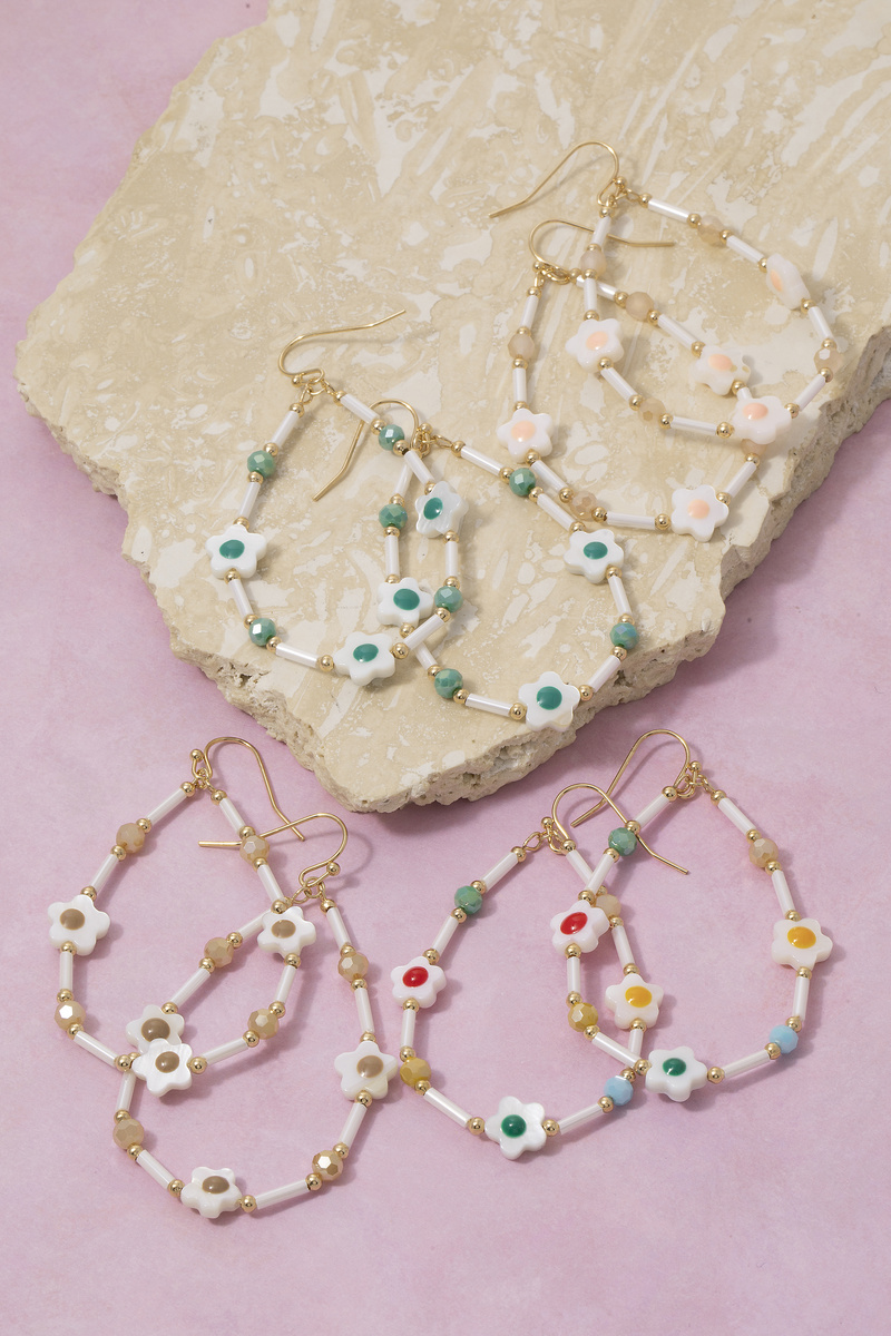 Shell Flower Beaded Teardrop Hoop Earrings