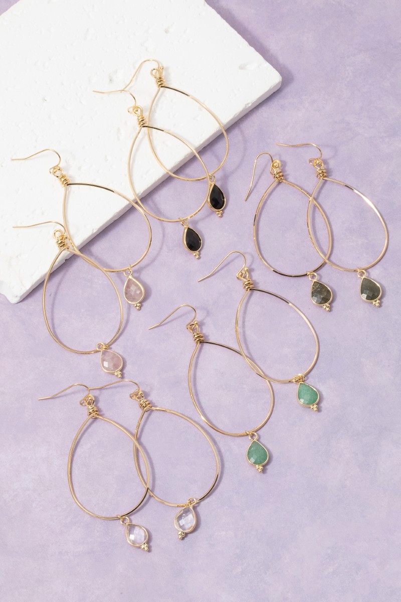 Large Gold Teardrop Hoop Earrings With Stone Drop