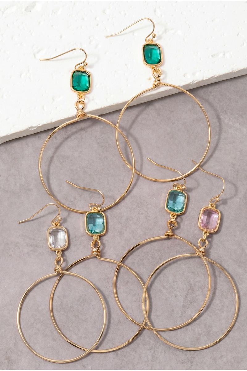 Square Glass Bezel Drop Open Hoop Earrings