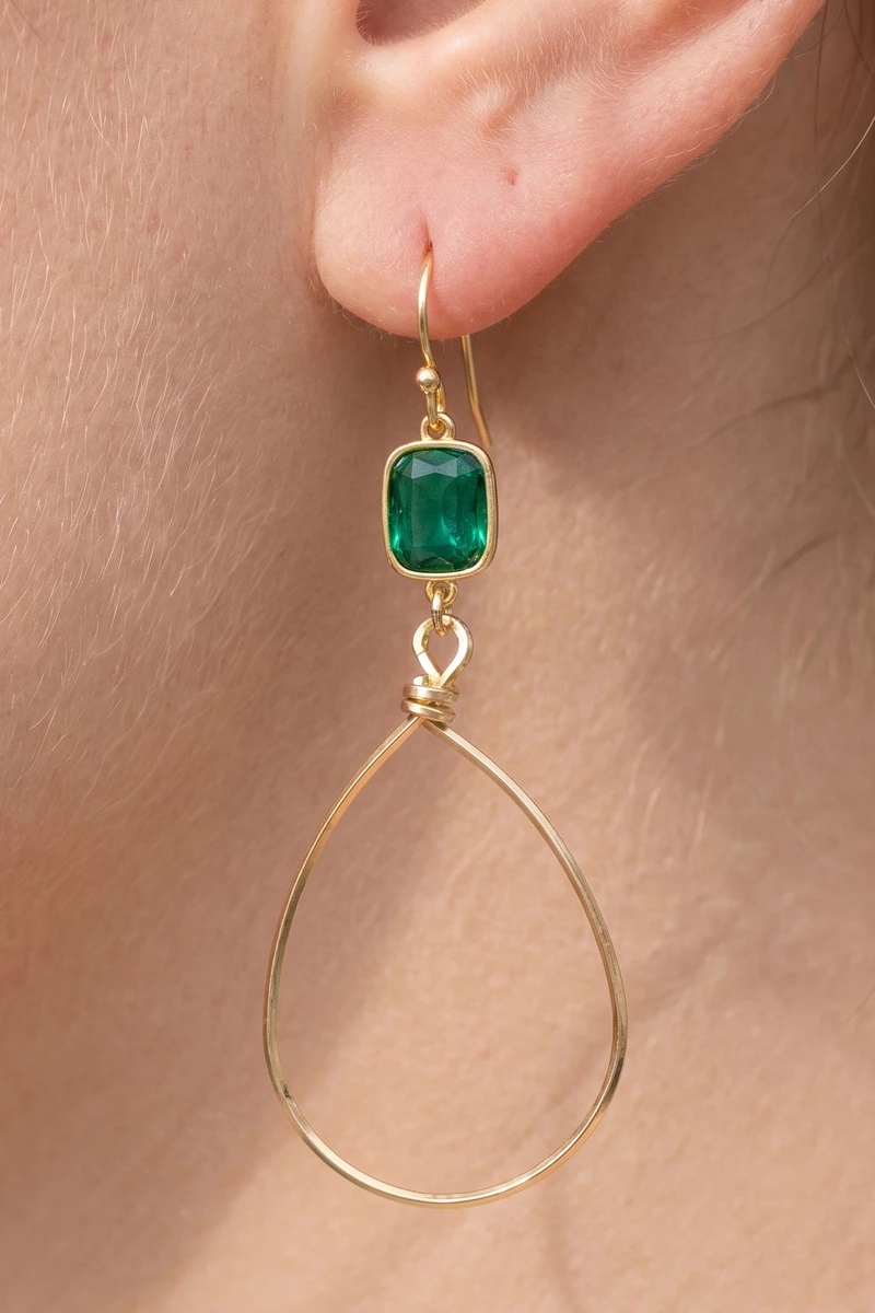 Glass Stone Bezel Square Top Teardrop Earrings