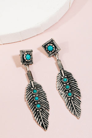 Turquoise Stone Studded Feather Dangle Earrings