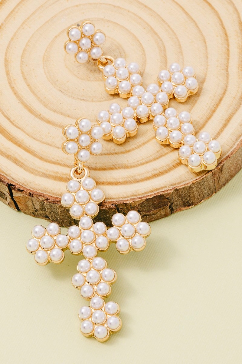 Pearl Beaded Cross Drop Earrings
