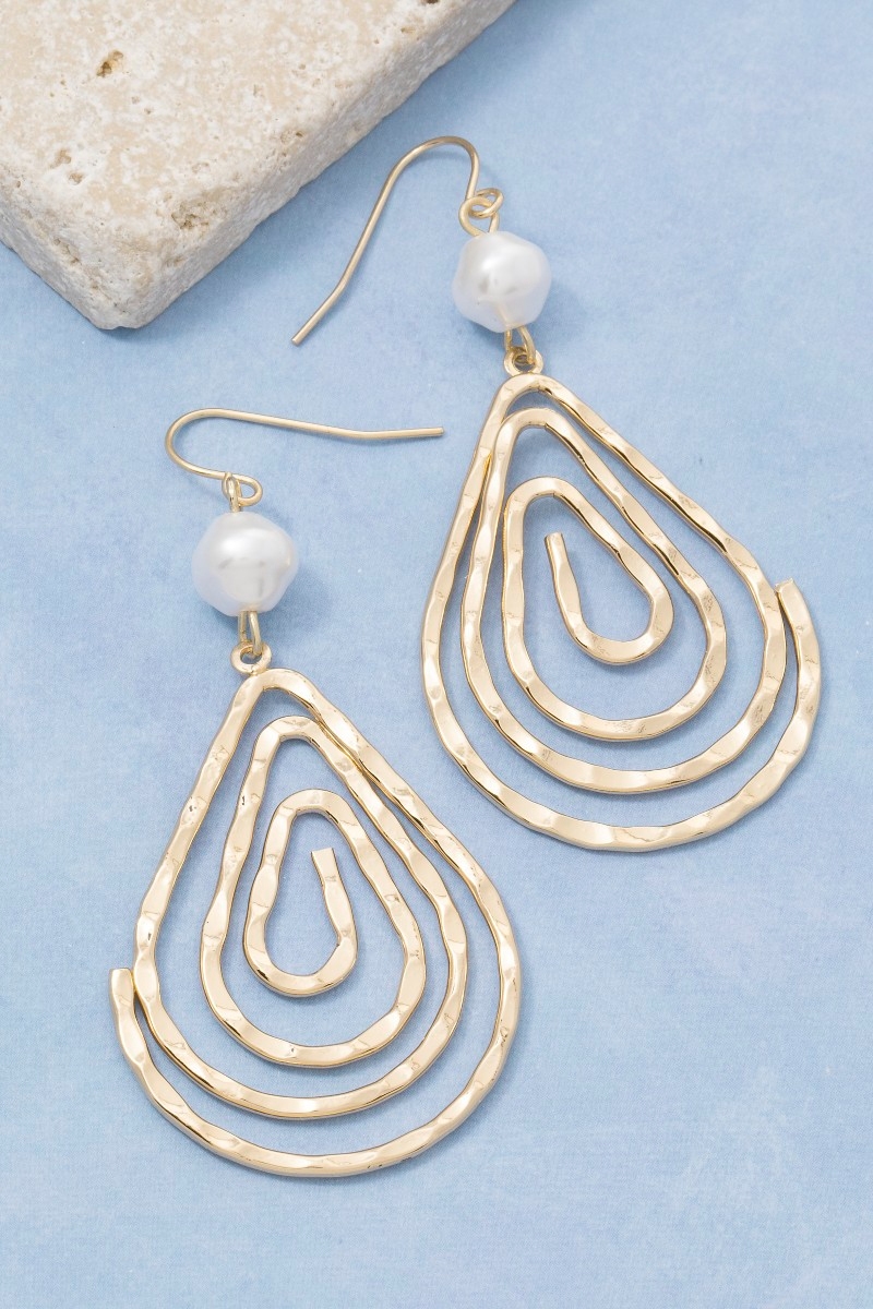 Pearl Bead Spiral Hammered Tear Dangle Earrings