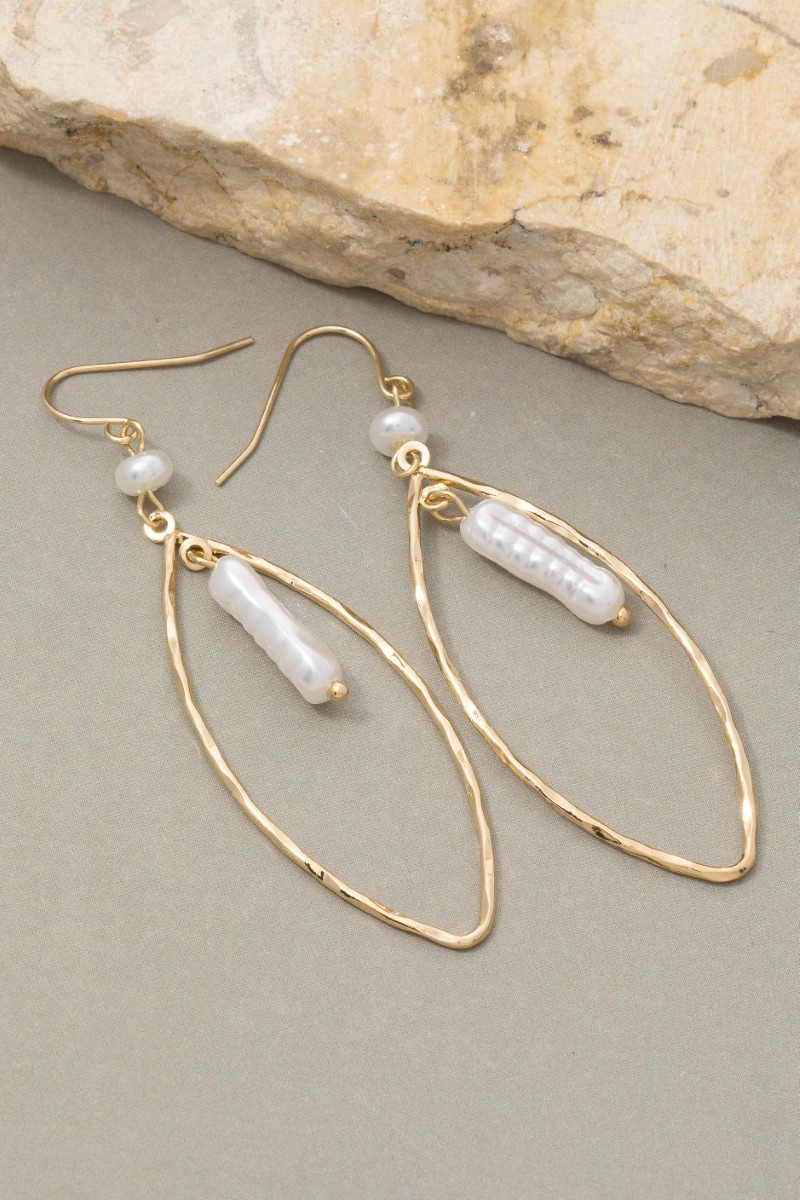 Pearl Beads Hammered Oval Dangle Earrings