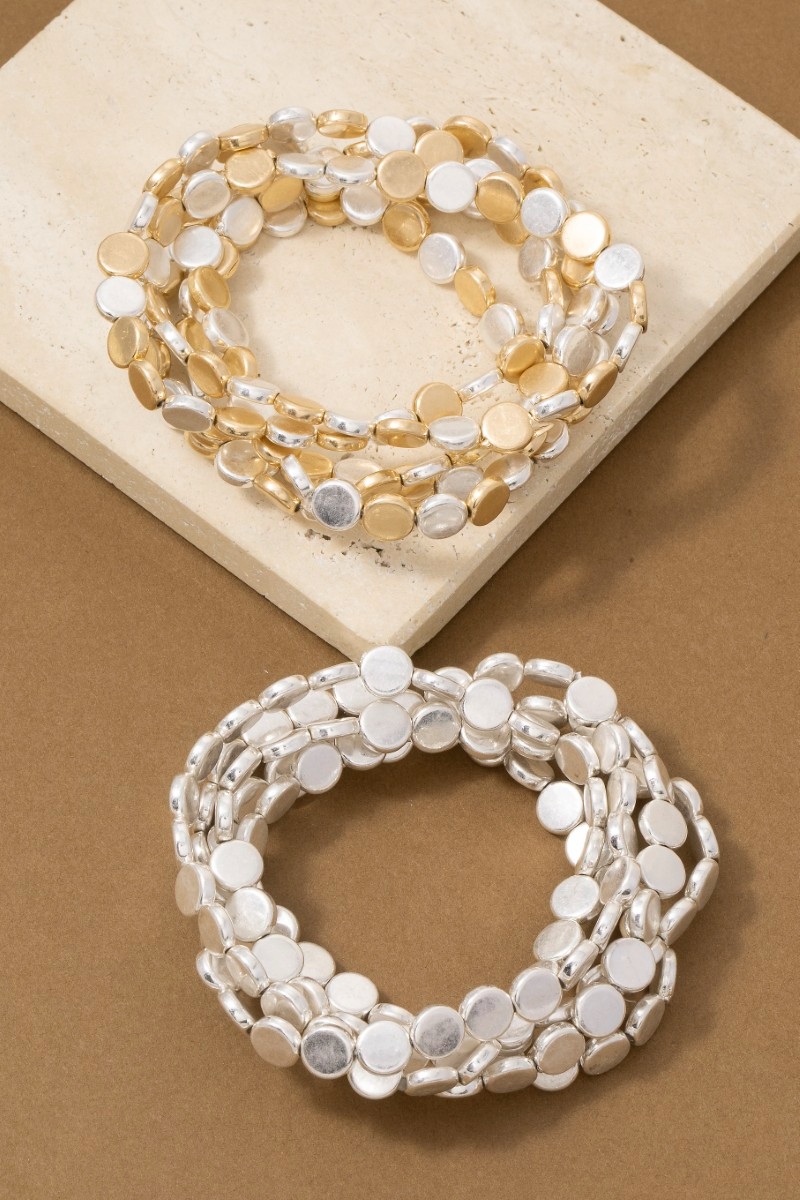 Two-Tone Hammered Flat Disc Stretch Bracelet Set