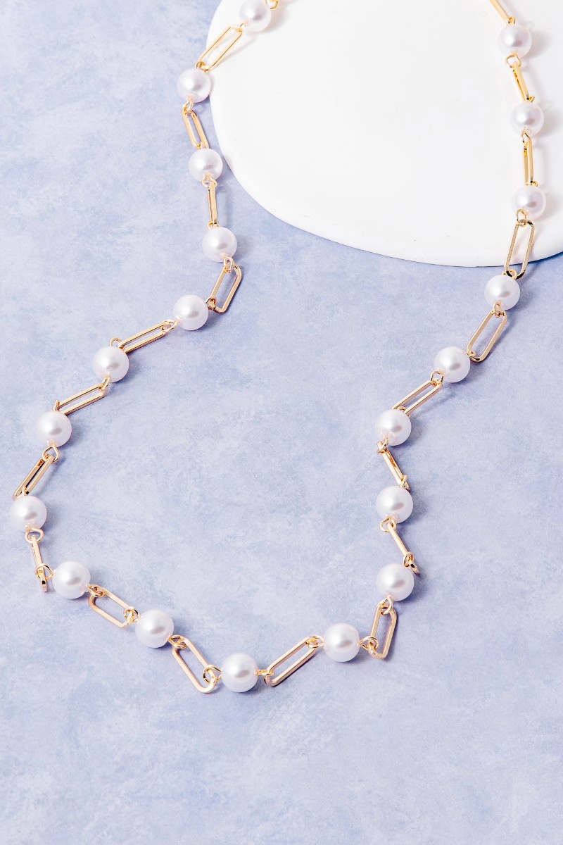Long Pearl & Paperclip Chain Necklace