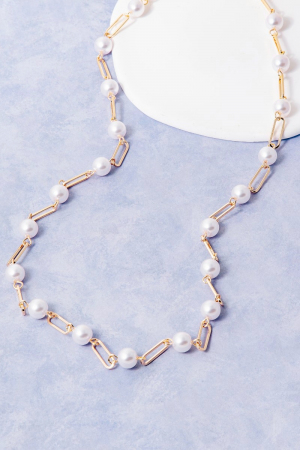 Long Pearl & Paperclip Chain Necklace
