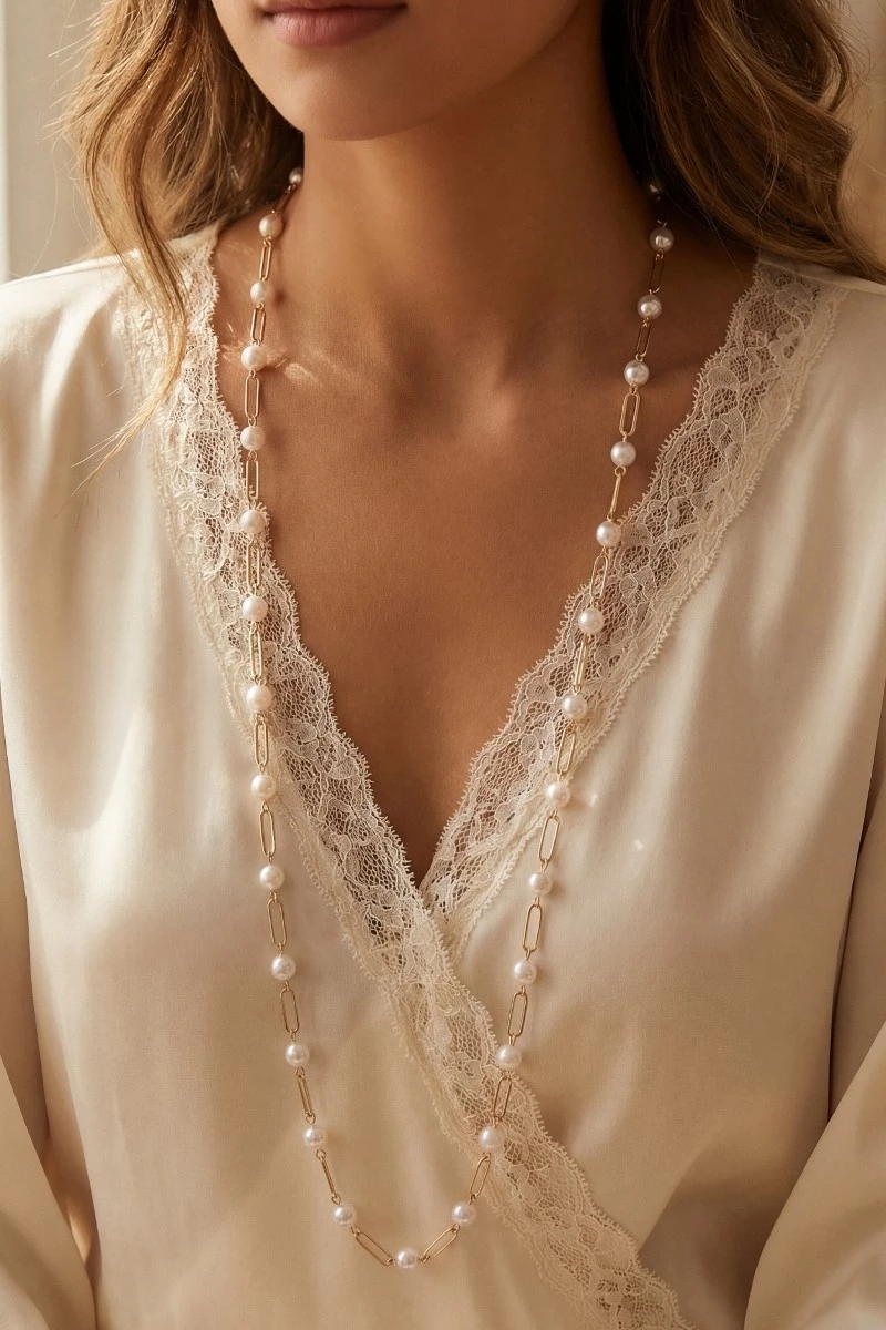 Long Pearl & Paperclip Chain Necklace