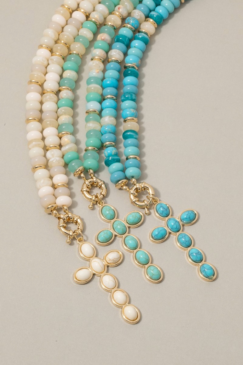 Semi Precious Stone Cross Pendant Necklace