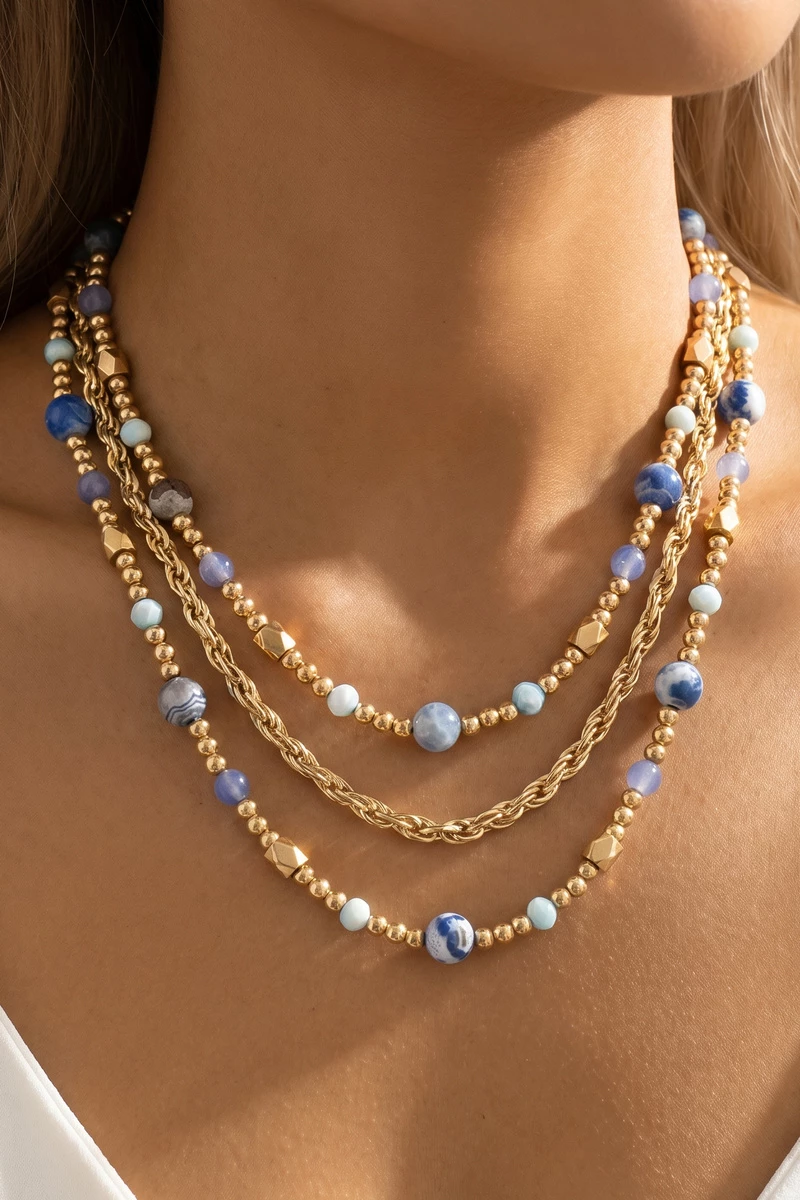 Triple Strand Semi Precious Stone Rope Chain Necklace