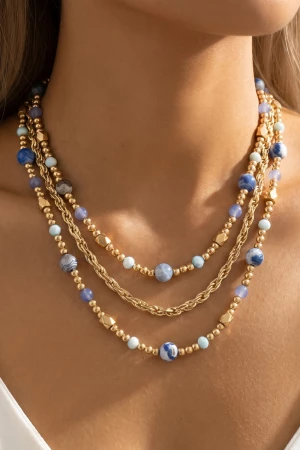 Triple Strand Semi Precious Stone Rope Chain Necklace