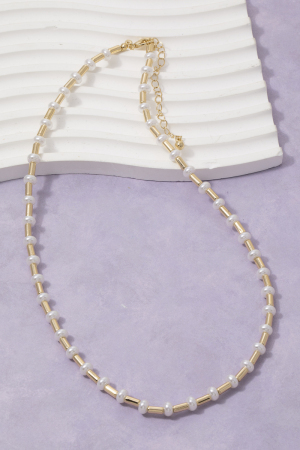 Pearl And Gold Tube Bead Station Necklace
