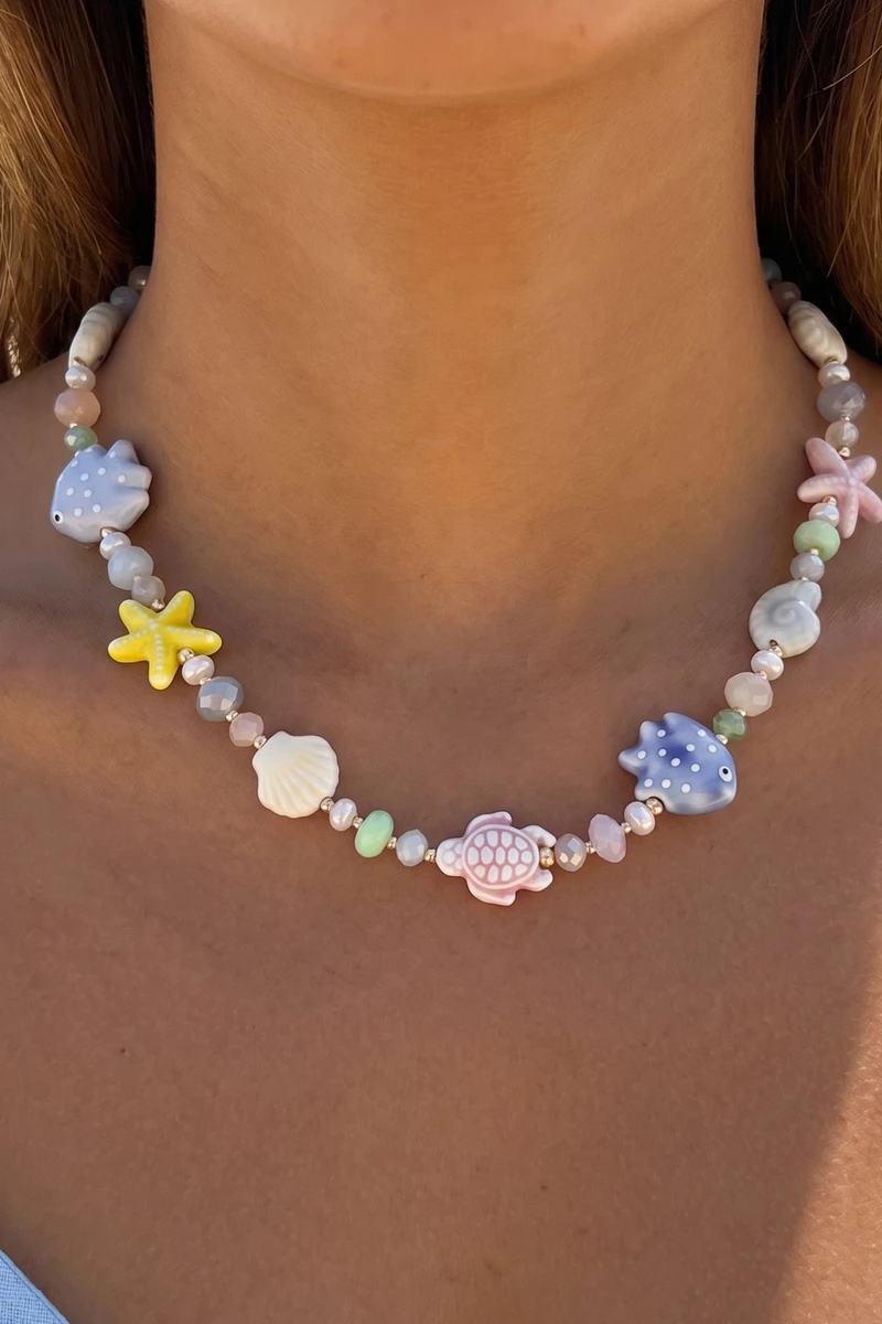 Ceramic Sea Life Charm And Pearl Beaded Necklace