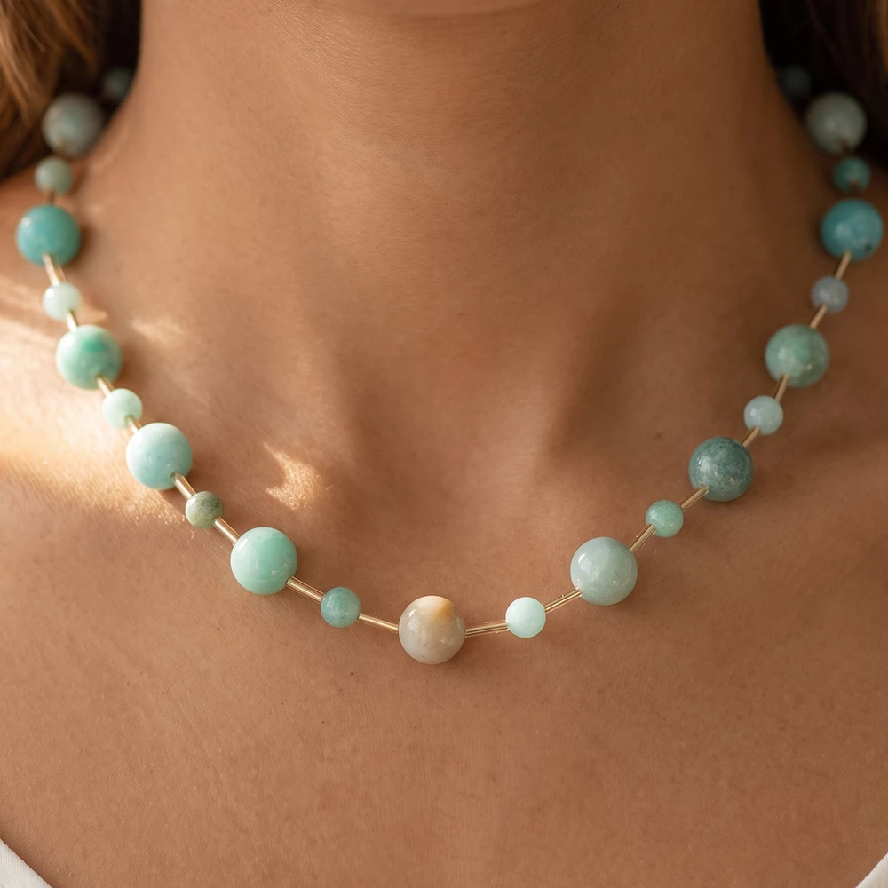 Semi Precious Stone Bead Tube Station Necklace