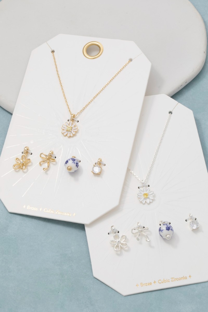 Assorted Mixed Cz Flower And Bow Pendant Necklace