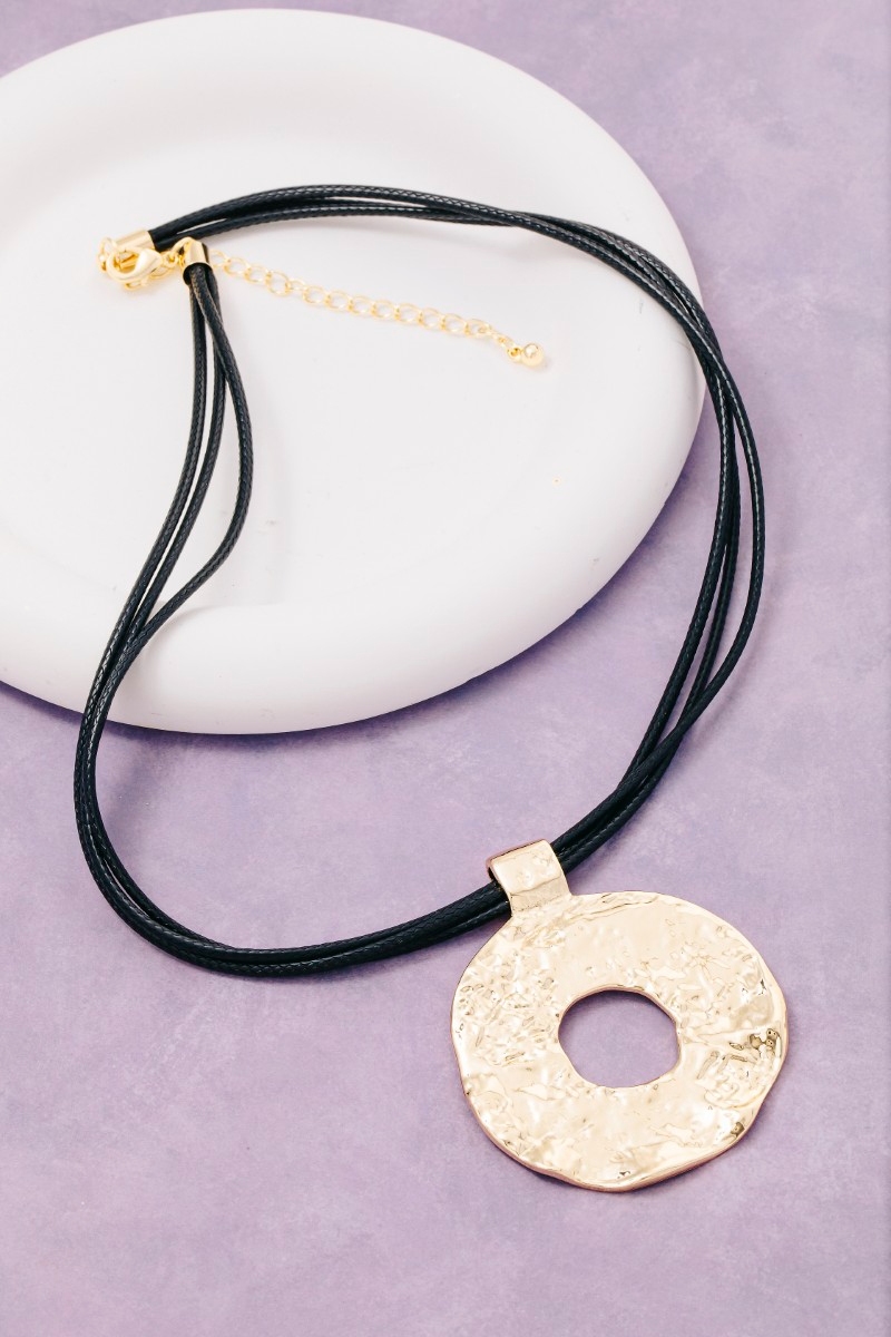 Hammered Circle Pendant Layered Cord Necklace