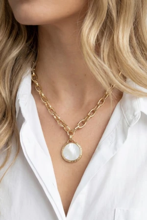 Round Mother Of Pearl Disc Pendant Necklace