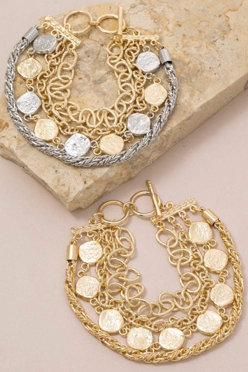 Hammered Coin Charms Layered Chains Bracelet