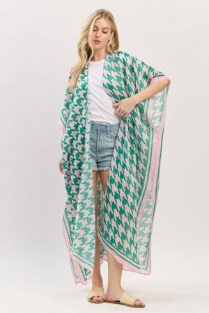 Long Houndstooth Print Open Kimono