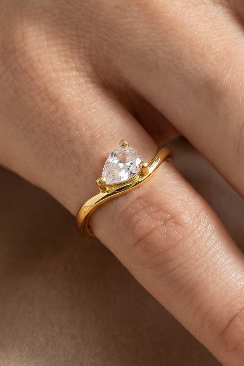 Gold Dipped Cz Pear Teardrop Wavy Pinky Ring