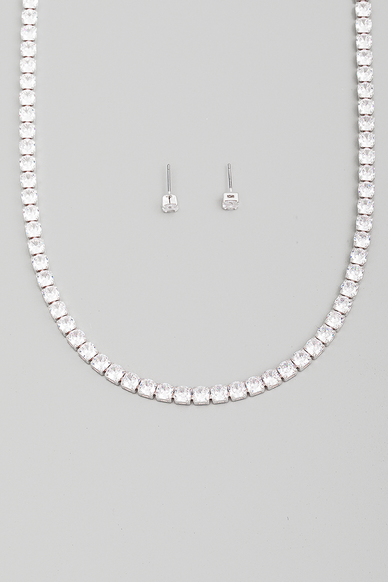 Cubic Zirconia Stud Chain Necklace Set