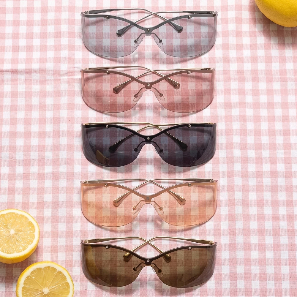 Rimless Shield Sunglasses With Crossed Metal Brow