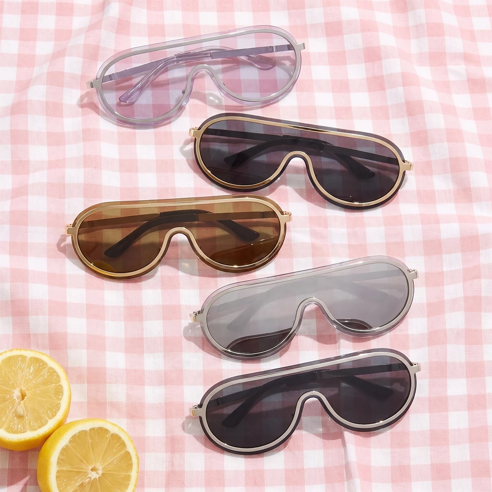 Rimless Shield Visor Sunglasses With Metal Trim