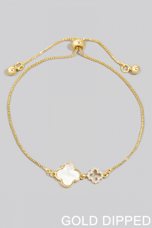 Gold Dipped Cz And Shell Clover Charms Adjustable Chain Bracelet
