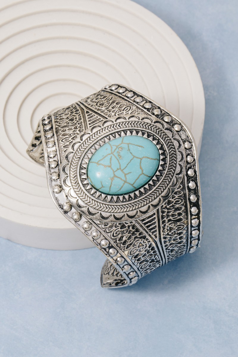 Oval Turquoise Stud Western Engraved Cuff Bracelet
