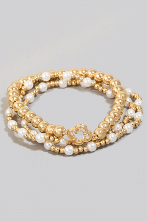 Metallic And Pearl Beaded Faceted Clover Charm Bracelet Set