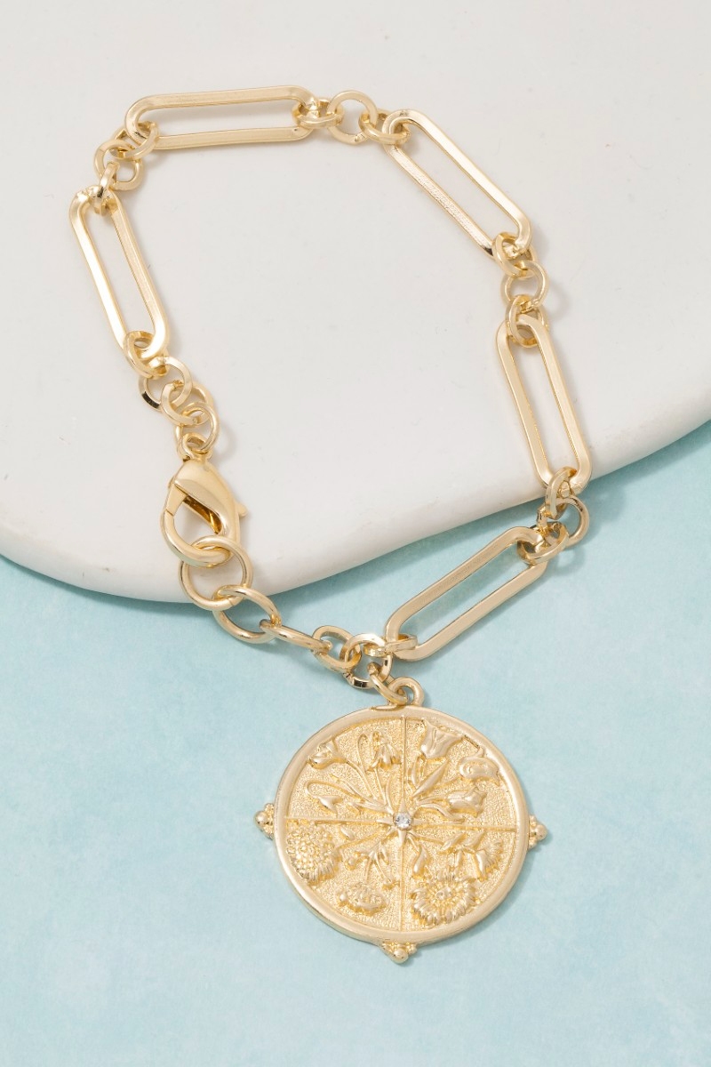 Gold Paperclip Chain Bracelet With Engraved Compass Medallion Charm