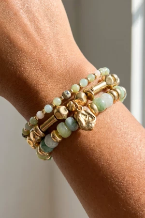 Semi Precious Stone And Metal Layered Bracelet Stack
