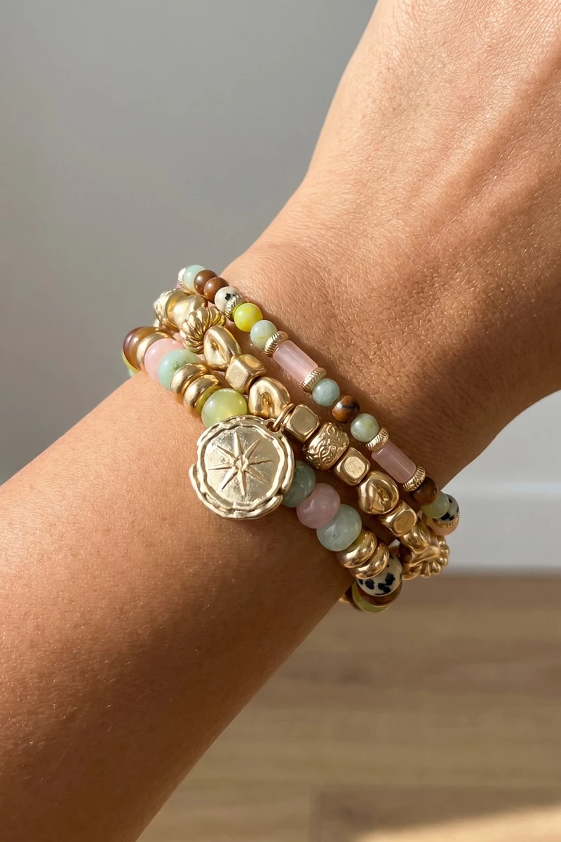 Three Strand Semi Stone Tube Bead Coin Bracelet