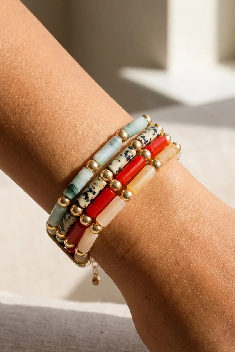Seed Bead Stretch Bracelet Set With Coin Tassel