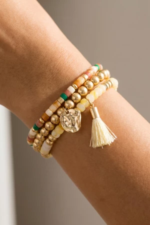 Multi Stone Tube Bead Wide Cuff Bracelet