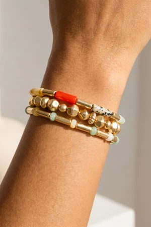 Stone Tube And Gold Bead Three Strand Bracelet