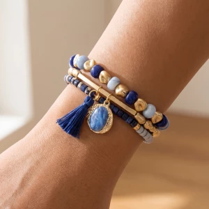 Beaded Tassel Charm Stretch Bracelet Set