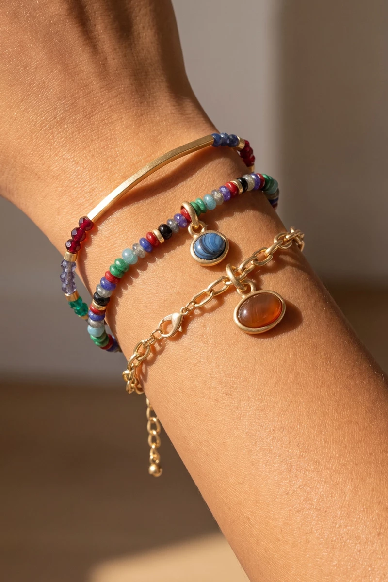 Beaded Chain Mix Stone Charm Bracelet Set