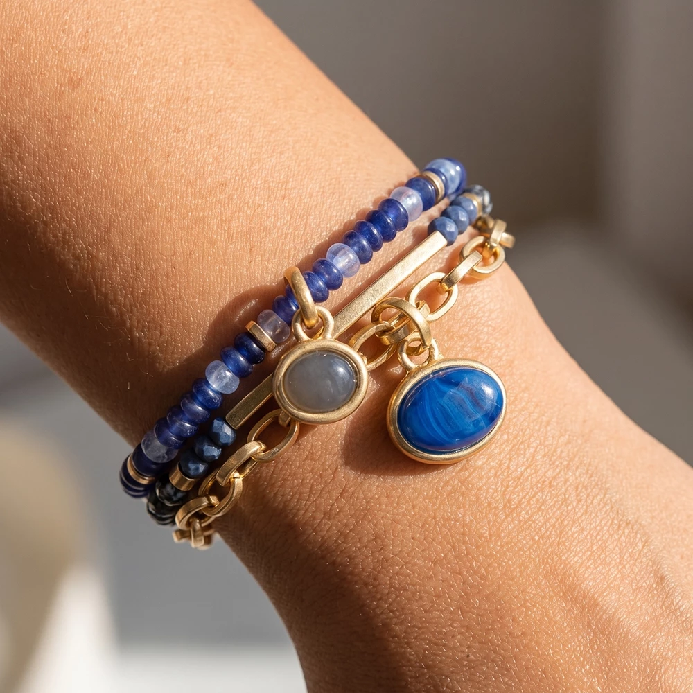 Beaded Stretch And Chain Cabochon Charm Bracelet Set