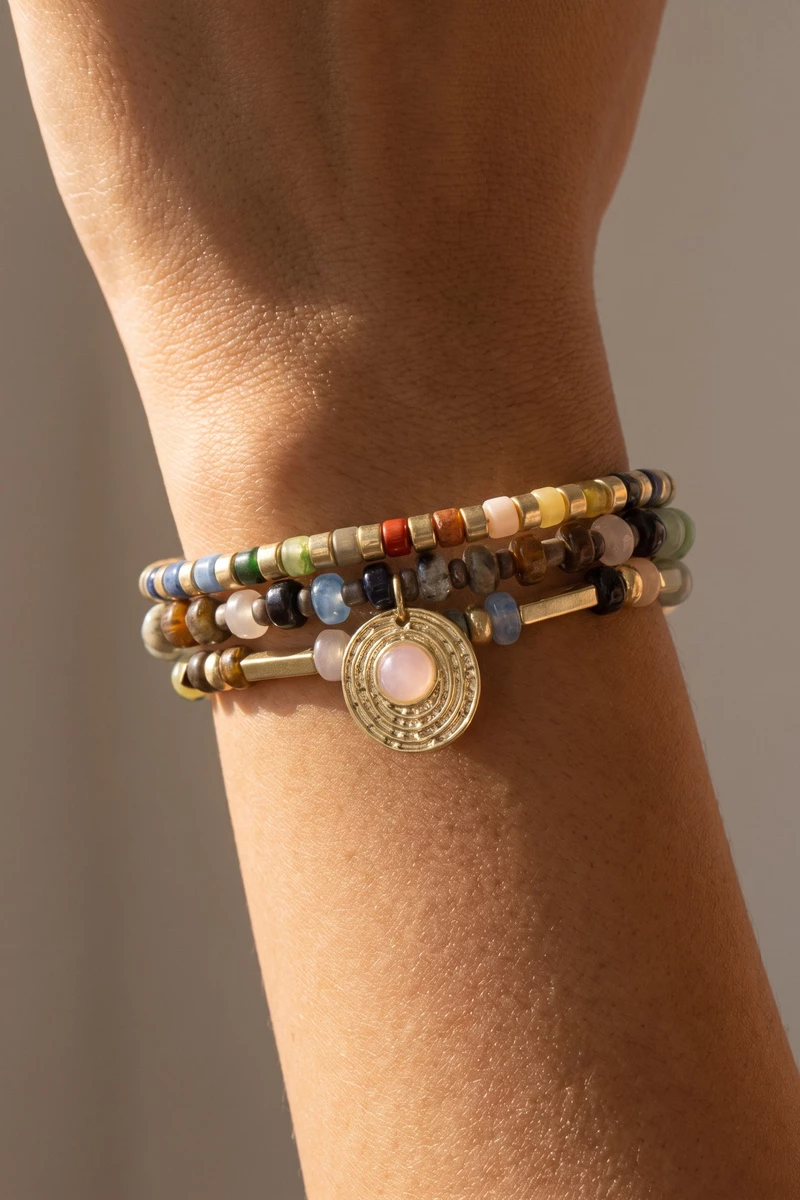 Layered Beaded Coin Charm Stretch Bracelet
